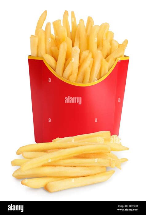 French Fries Or Fried Potatoes In A Red Carton Box Isolated On White Background With Clipping