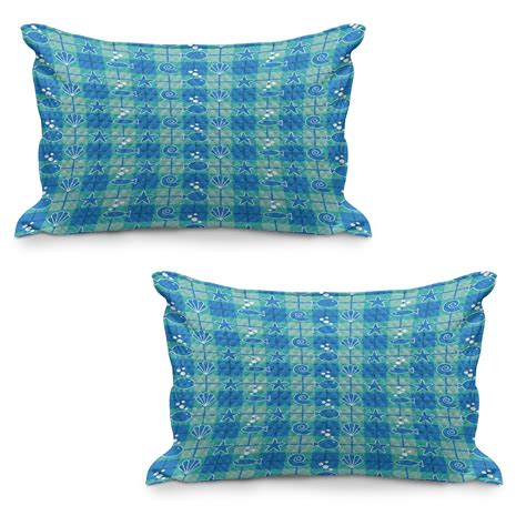 Sea Shells Quilted Pillowcover Set Of 2 Plaid Pattern With Cartoon