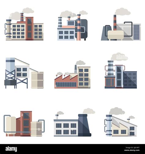 Industrial Building Plants And Factories Flat Icons Set Isolated Vector