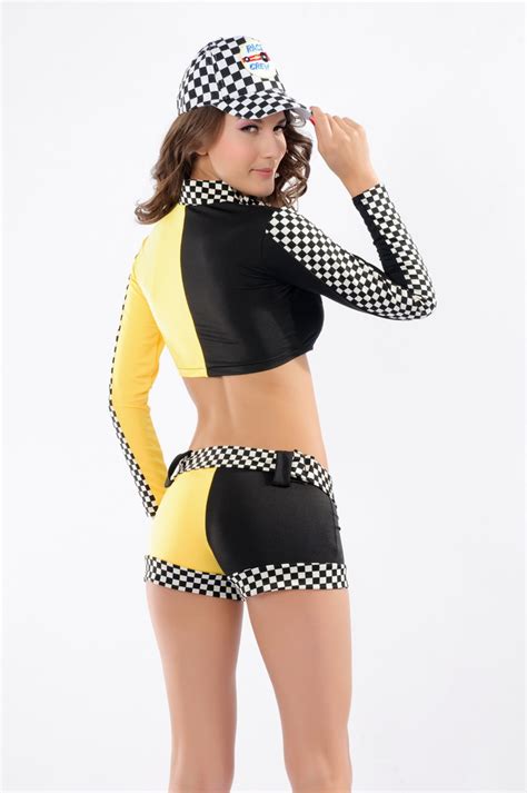 Sexy 3pc Risky Racer Checkered Flag Print Raised Collar Zipper Front