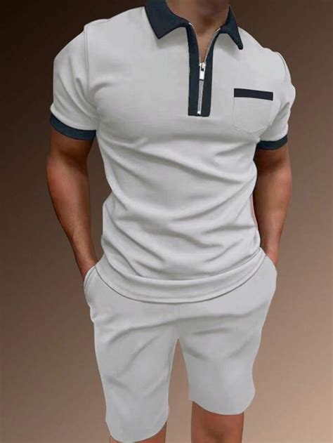 Manfinity Homme Conjunto De Pantal N Corto Y Polo Con Ribete En