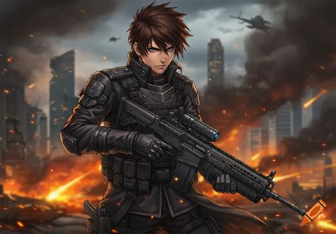 An Anime Style Male Soldier In A Tactical Suit Holds A Rifle Amidst A