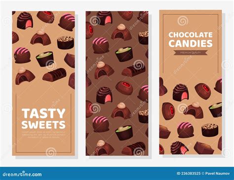 Tasty Chocolate Candies Vertical Banners Set Sweet Dessert Packaging