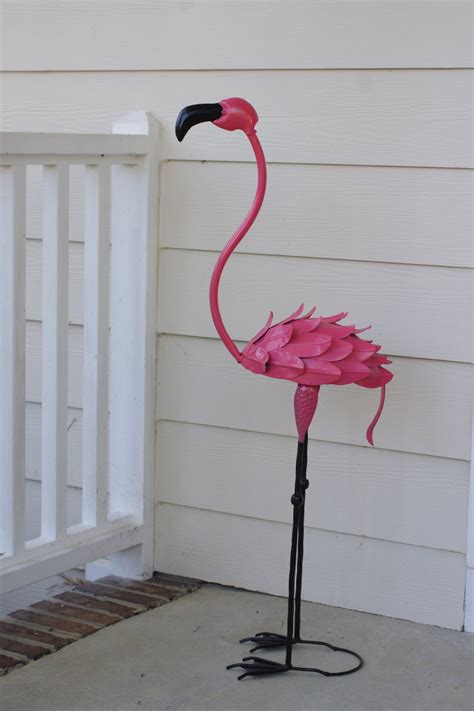 Metal Pink Flamingo Lawn Ornament Garden By Bytheseashoredecor