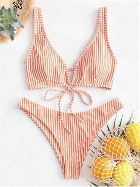 Off Zaful Striped V Wired High Cut Bikini Swimsuit In Sandy