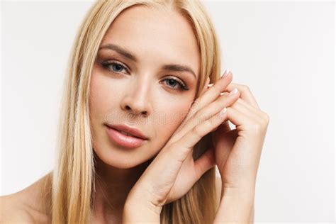 Half Naked Blonde Woman Posing And Looking At Camera Stock Photo