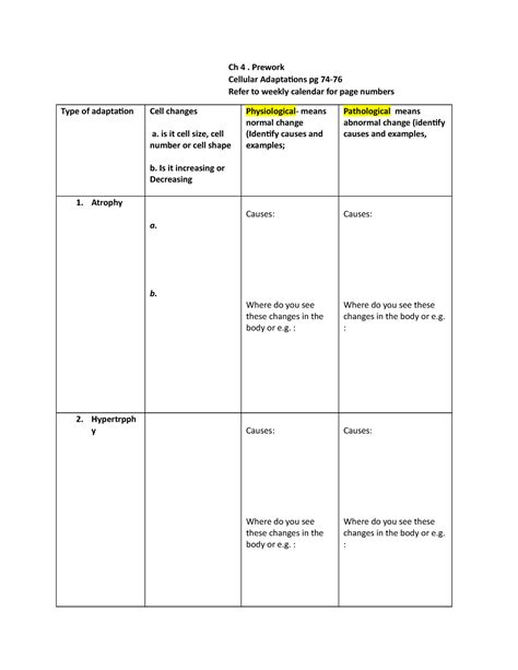 Week 1 Preclass Work Ch 4 Altered Cell And Tissue Ch 4 Prework