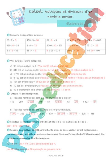 Multiples Et Diviseurs Dun Nombre Entier Exercices De Calcul 4eme