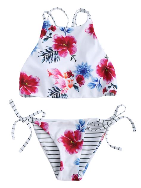 Juego De Bikini Floral Halter Reversible En Blanco L Zaful