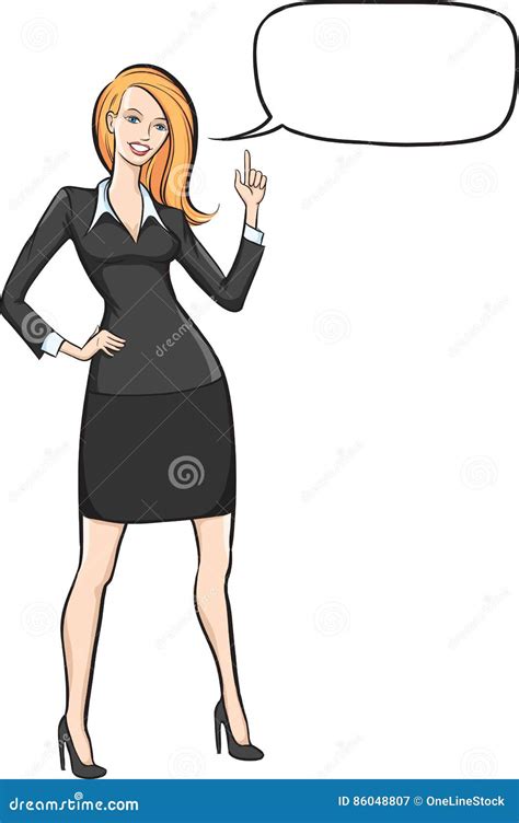 Standing Business Woman Pointing With Speech Bubble Stock Vector