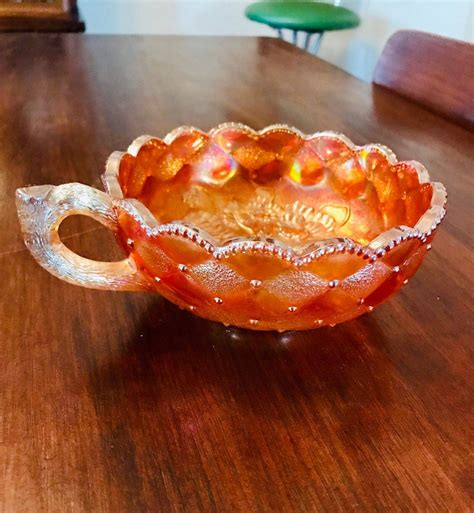 Vintage Peach Iridescent Imperial Carnival Glass Handle Bowl Etsy