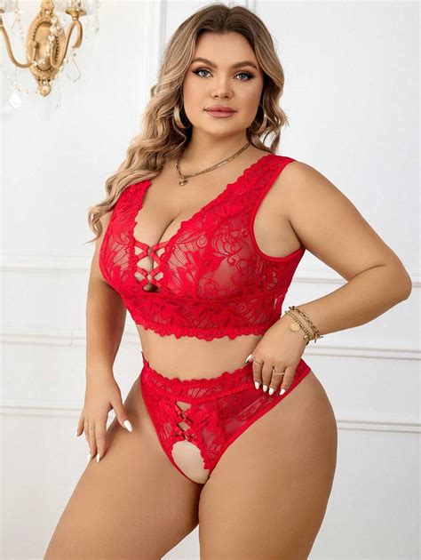 Classic Sexy Plus Floral Lace Criss Cross Crotchless Lingerie Set Shein Usa