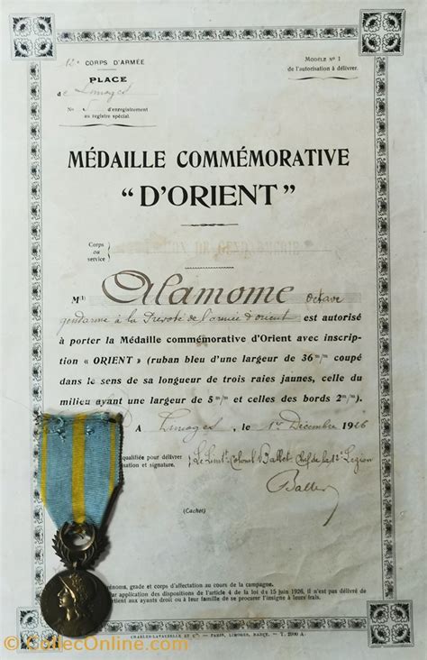 1926 Diplôme et médaille Commémorative de l Armée d Orient Militaria