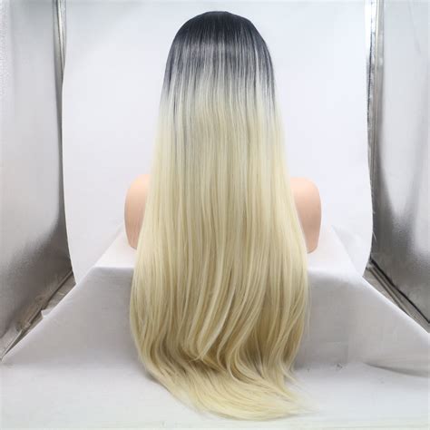 Long Straight Blonde Lace Front Wig Black Root Blonde Ombre Etsy