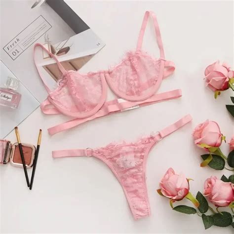 Sexy Lingerie Woman Lace Transparent Underwear Fairy Embroidery Brief Sets Delicate Bra Kit Push