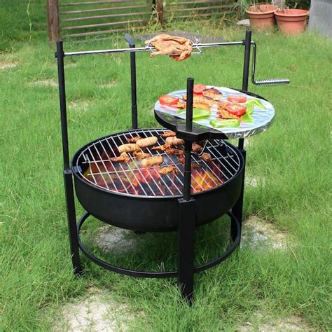 Round Metal Fire Pit with 2 Grill Wood Burning and Removable Cooking ...