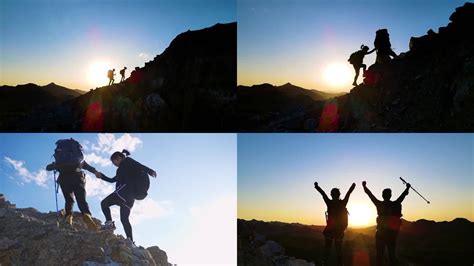 团队登山攀登顶峰成功登顶山顶欢呼举手庆祝视频素材下载编号9843435光厂vj师网