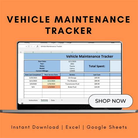 Vehicle Maintenance Tracker Excel Template Car Maintenance Log Auto Service Record Car Binder