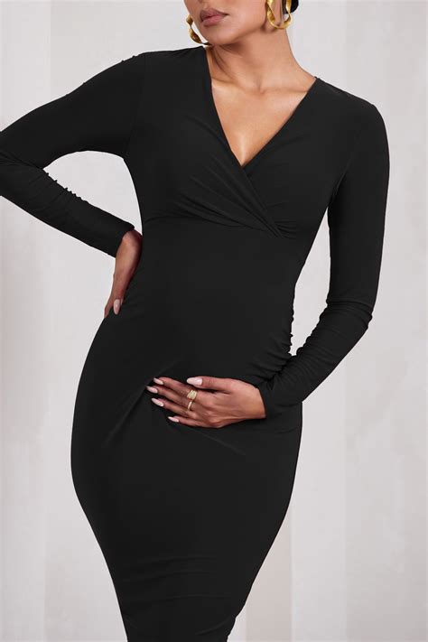 Marcia Black Bodycon Plunge Neck Maternity Midi Dress Club L London Uk