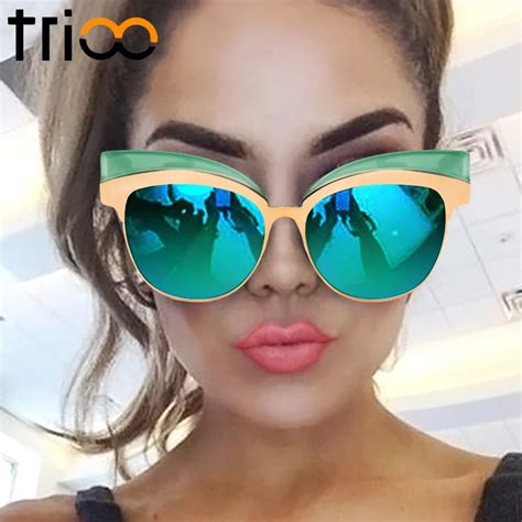 Trioo Coating Mirror Sunglasses For Women Gold Cat Eye Shades High Fashion Oculos Feminino New