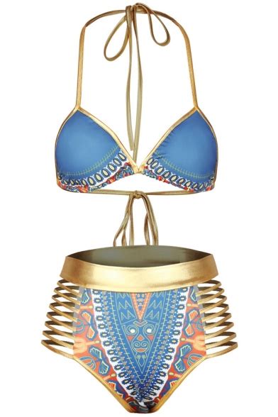 Womens Sexy Tie Back Halter Tribal Print Triangle Bikini Set