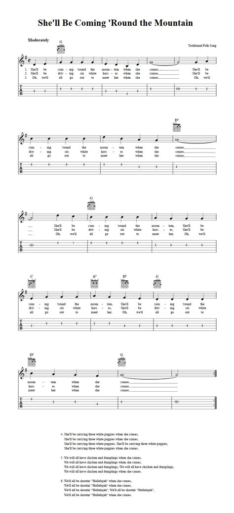 She'll Be Coming 'Round the Mountain - Easy Guitar Sheet Music and Tab ...