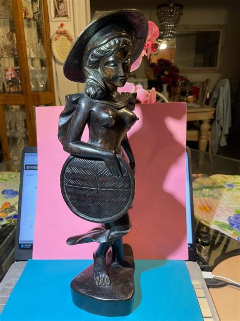 Vintage Balinese Carved Wooden Nude Woman Sculpture Statue Tall In Good Preowned Condition