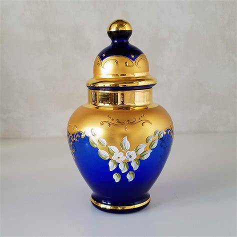 Bohemian Blue Glass Ginger Jar Cobalt Blue Czech Glass Enameled Gold