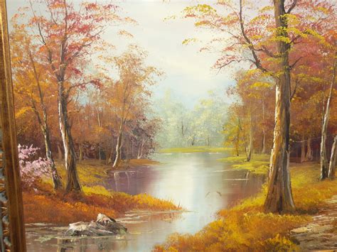 Vintage Orange Autumn Forest River Picture Oil On Canvas Painting Signed Jcm