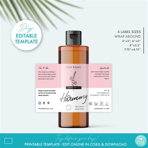 Editable Floral Cosmetic Bottle Label Template 4 Sizes Printable Elegant Shampoo Label Design