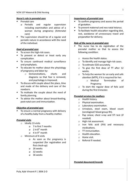 Prenatal Care - Lecture notes 2 - NCM 107 Maternal & Child Nursing ...