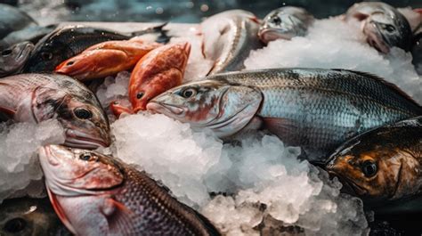 Pescado Fresco En Hielo En El Mercado De Pescado Mariscos Y Concepto De