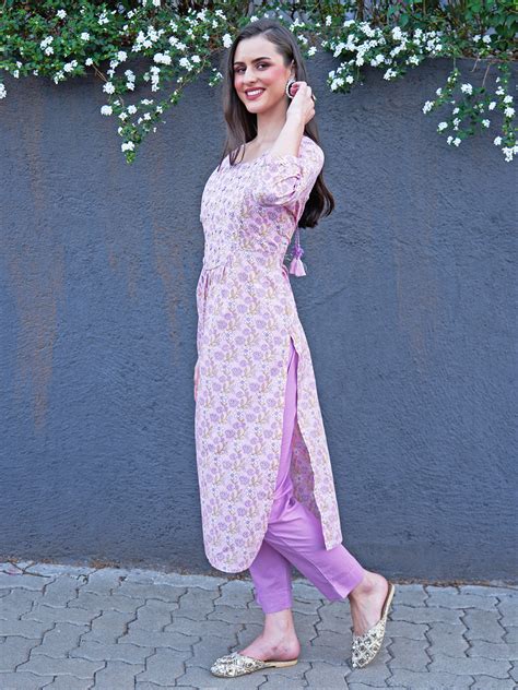 Floral Printed And Embroidered A Line Kurta With Pants Light Pink Fashor