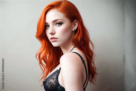 Redhead Sexy Woman In Black Lingerie Top And Black Lingerie Fetish On Body Generative AI Stock