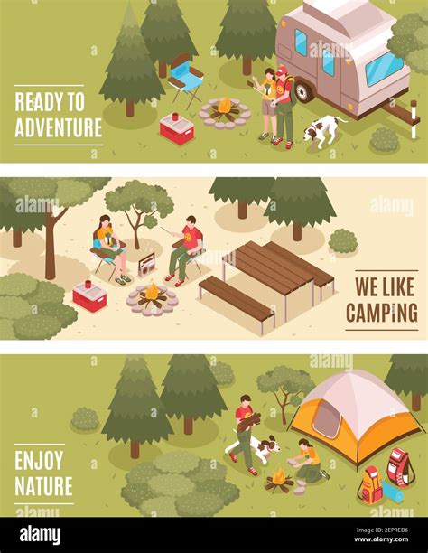 Summer Camping Hiking Expedition 3 Isometric Horizontal Banners With