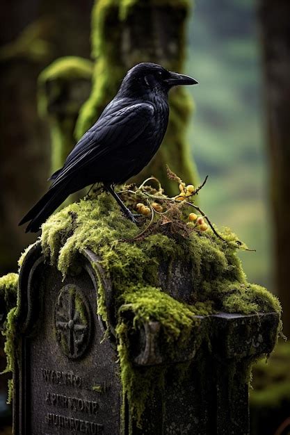 Premium Ai Image A Crow Perched On A Mosscovered Gravestone In An