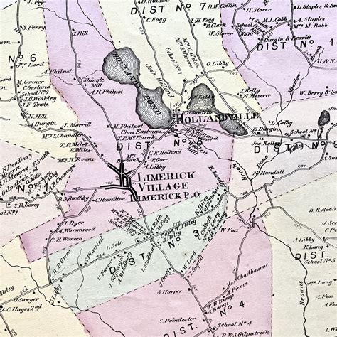 1872 Hand-Colored Street Map of Limerick, Maine w Property Owner Names just after the Civil War ...