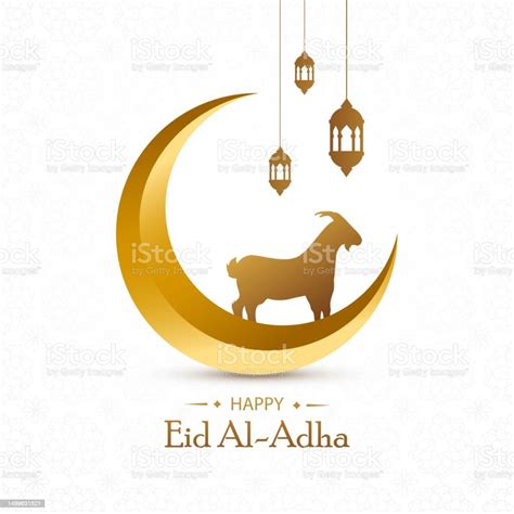 Eid Al Adha Mubarak With Crescent Moon Goat And Lanterns As Background