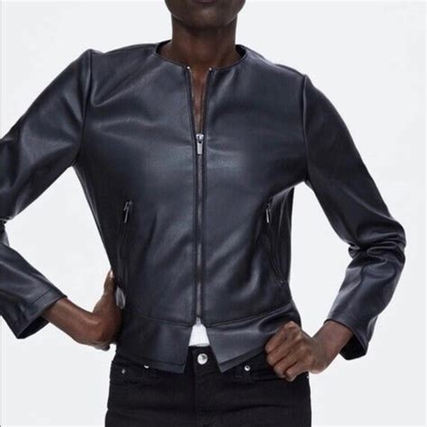 Zara Jackets Coats Zara Navy Blue Peplum Faux Leather Jacket