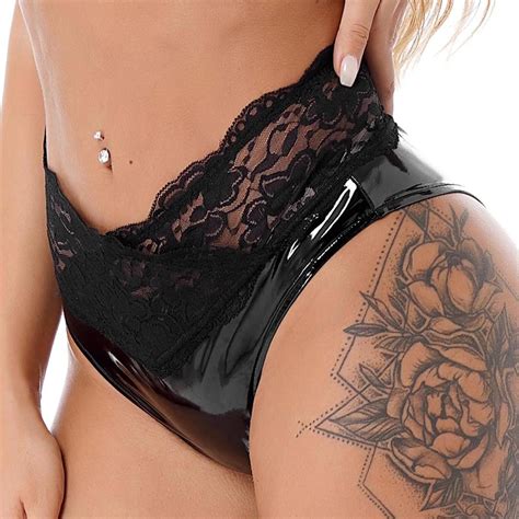 Bikini Sexy De Encaje Floral Para Mujer Bragas Ex Ticas De Cintura Alta De Charol Brillante