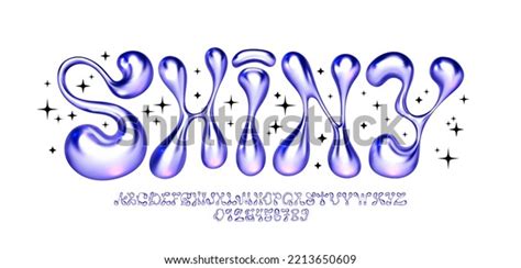 「メタリックy2kフォント。溶けた文字とファンキーな数字と液体バブル鉄アルファベット。光沢3d流束型の面ベクトルのセット」のベクター画像素材
