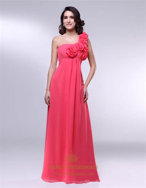 One Shoulder Chiffon Dress With 3d Floral Detail Empire Waist Chiffon Bridesmaid Dress One