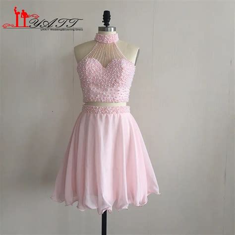 Liyatt Real Photo Two Piece Homecoming Dresses Light Pink Beaded