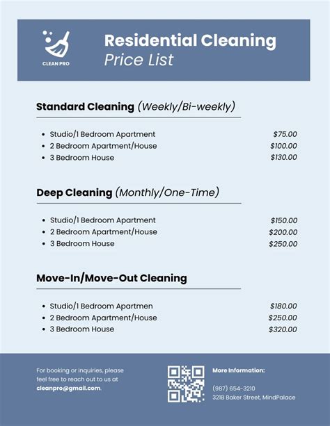 Simple Blue Residential Cleaning Price List Template Venngage