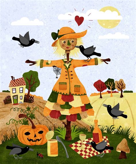 A Painting Of A Scarecrow Surrounded By Birds And Pumpkins