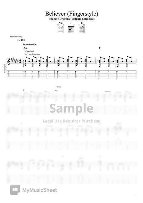 Imagine Dragons Believer Fingerstyle Tab Staff By William Sandoval