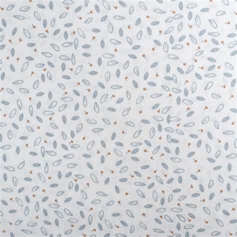 Tissu Coton Blanc Petit Feuillage Gris Bleu Oeko Tex Mercerine