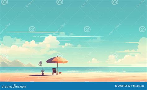 Minimalist Beach Scene with Umbrella and Chairs Stock Illustration ...