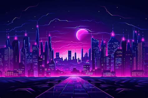 Premium Photo Cyberpunk Neon City Night Futuristic City Scene In A Style Of Pixel Art Backdrop