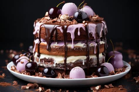 Vertical Photo Of A Delicious Naked Chocolate Cake With Chocolate Balls And Stock Illustration
